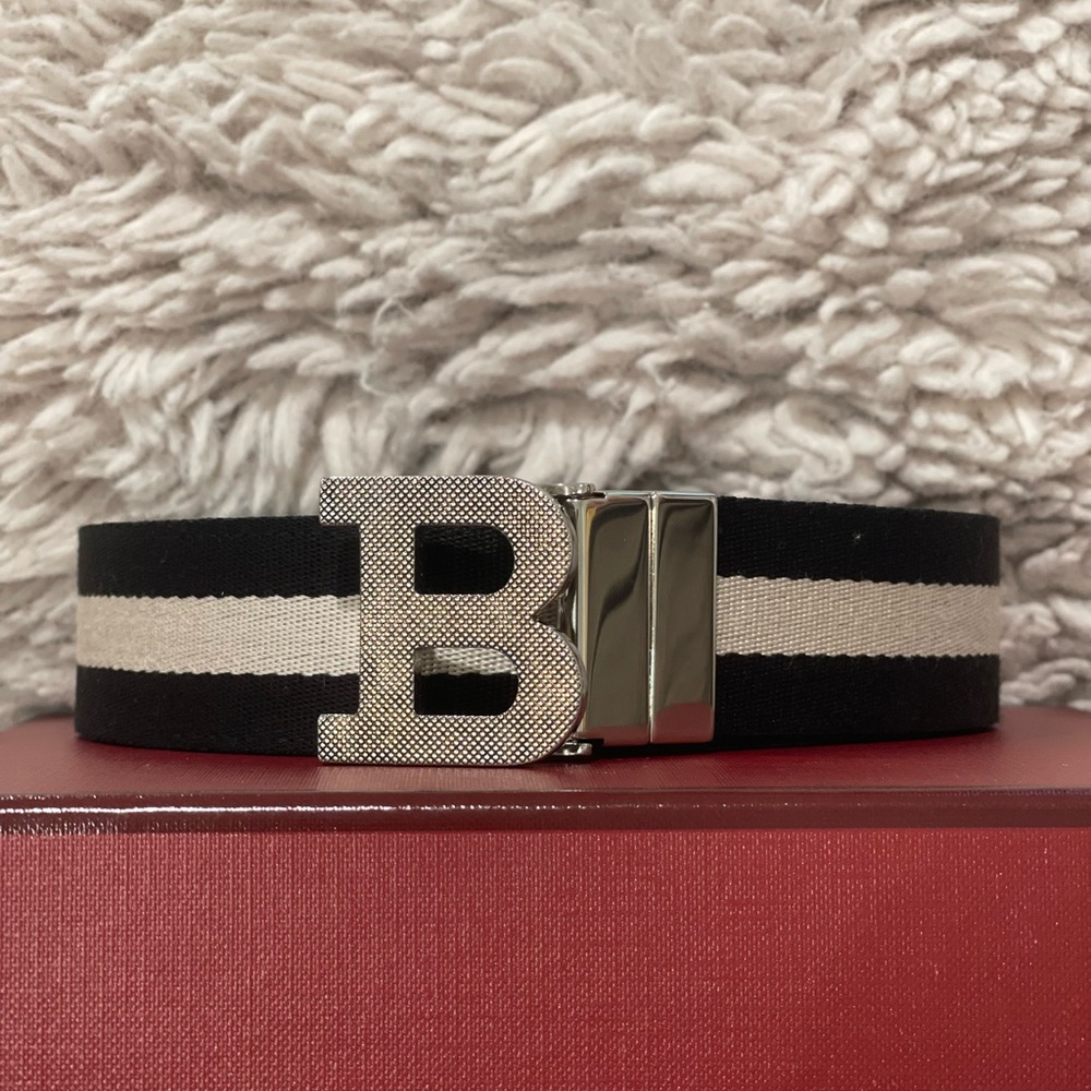 Bally Black and White Striped Belt with Metallic B Buckle